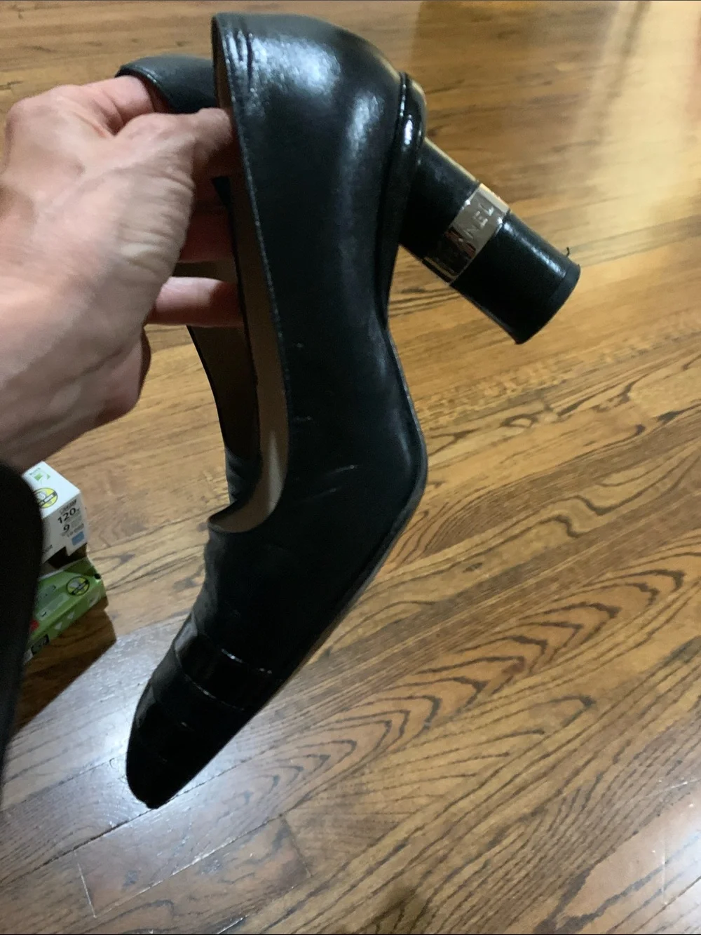 CHANEL Black Leather Square-Toe Low Heel Pumps